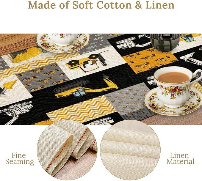 Excavator Table Runner,Boys Kids Construction Vehicles Equipment Trucks Cartoon Car Tablecloth Burlap for Hotel Indoors Outdoor Dining Room Kitchen Holiday Party, 13x70in