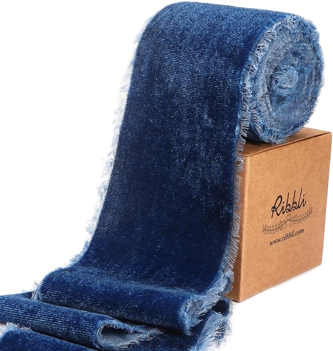 Ribbli Ocean Blue Velvet Ribbon 3 Inch Handmade Frayed Vintage Christmas Ribbon for Gift Wrapping Christmas Tree Ornament Wreath Craft Home Decor -3 Yards