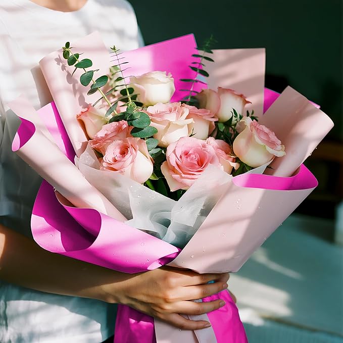 WRAPAHOLIC 20 Sheets Flower Wrapping Paper - 22.4 x 22.4 inch Barbie Pink Color Water-Resistant Floral Bouquet Wrapping Paper, Florist Supplies Packaging for Wedding Birthday Gift DIY