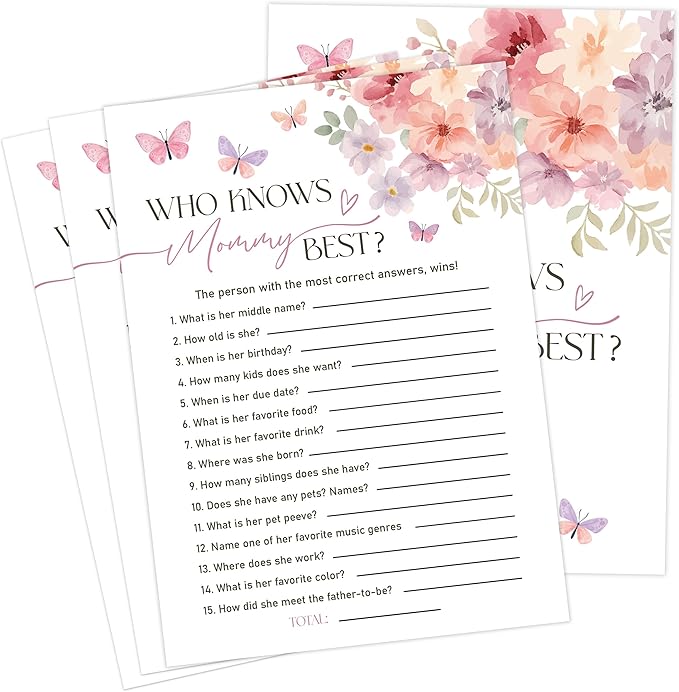 Baby in Bloom Baby Shower Games, Floral Who Knows Mommy Best Game for 30 Guests with Game Cards, Gender Reveal, Baby Shower Supplies & Decorations (DV24)