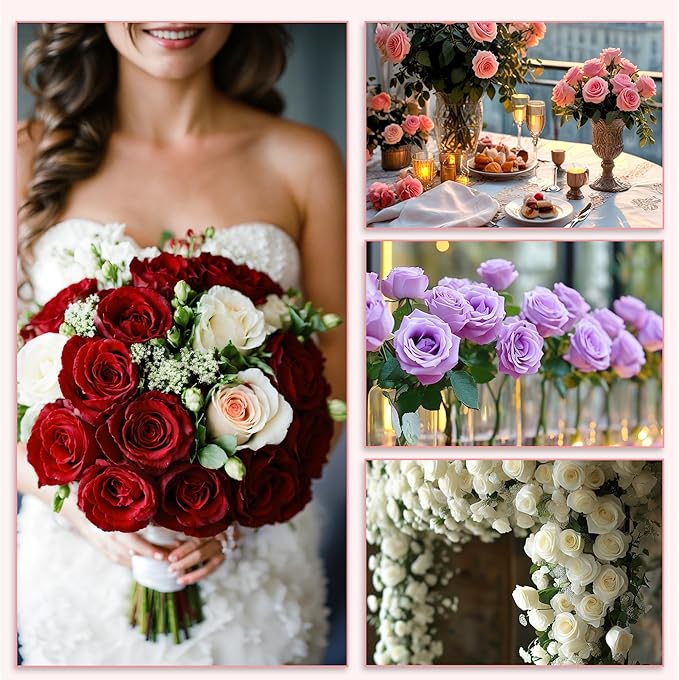 20PCS Artificial Roses with Long Stems - Realistic Silk Flowers, Fake Roses Real Touch Bouquet of Roses for Home Decor, Bridal Wedding Party Table Centerpieces, Bulk Faux Rose Flowers (White)