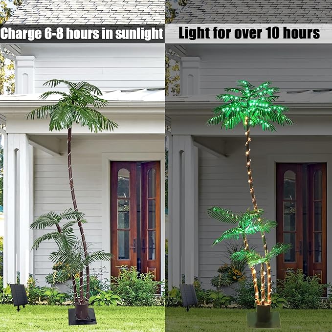 6FT Solar Lighted Palm Trees for Outside Patio Light Up 260 LED Artificial Fake Tree Lights for Pool Bar Tropical Party Deck Outdoor Decorations