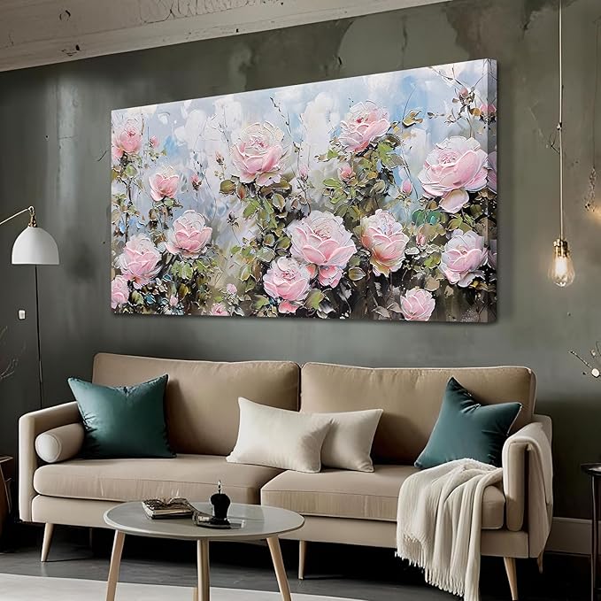 Ardemy Flower Wall Art Canvas Art Wall Decor, Floral Painting Textured Picture Living Room Pink Rose Artwork Large Framed for Bedroom Kitchen Dining Room Home Office Decor 48"x24"