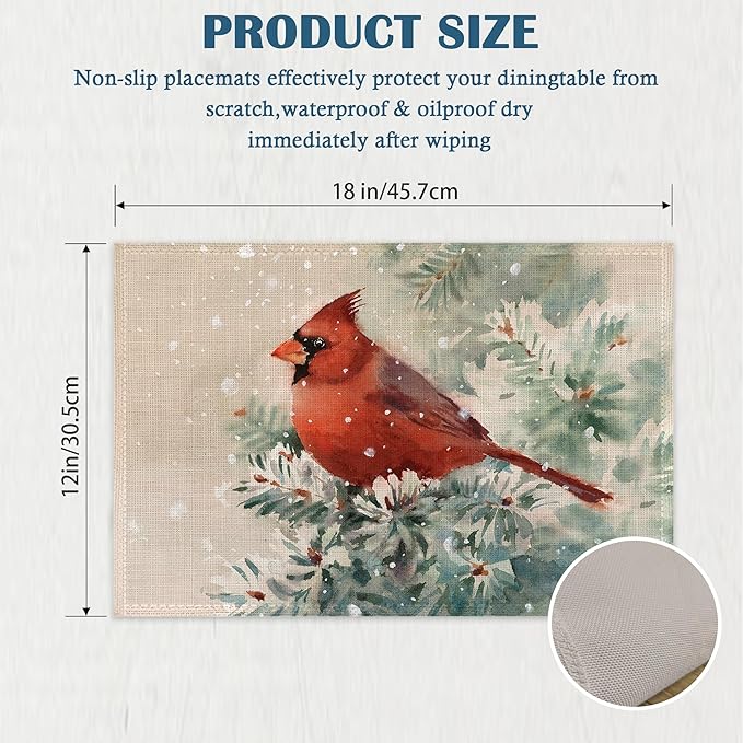 Placemats-Winter Cardinal Bird Linen Table Place Mats Set of 4 Non-Slip Heat Resistant Table Mats for Dining Kitchen Cabin Decor 12x18 Inch