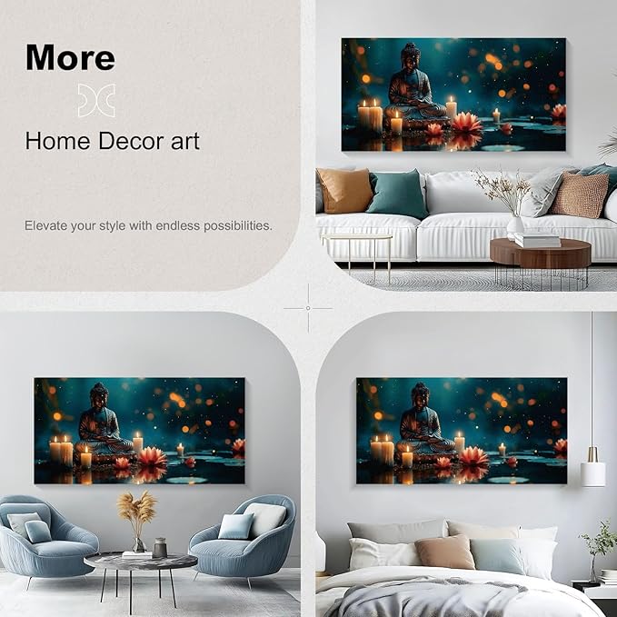 Iallbin Buddha Wall Art & Zen Wall Decor, White Lotus on Water Canvas Painting - for Yoga Meditation Room, Spa & Bathroom, Blue Art Deco Style, 48x24 Inches