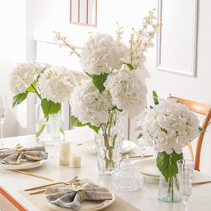 2Pcs Hydrangea Artificial Flowers, 22.44" Real Touch Latex Faux Hydrangea with Long Stems & Leaves for Home Office Decor or Wedding, Party, Centerpieces, Floral Arrangements (White)