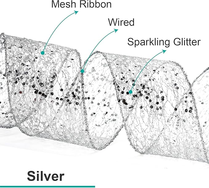 CT CRAFT LLC Sparkling Glitter Mesh Wired Ribbon 4" x 10 Yards Silver for Christmas Home Decor Bow Gift Wrapping DIY Crafts Wreath