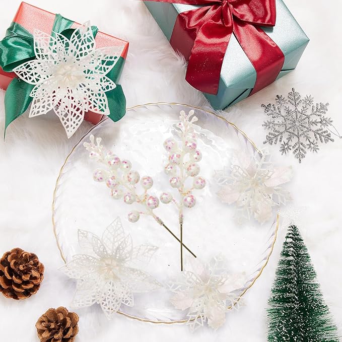 22Pcs Christmas Poinsettia Artificial Flowers and Glitter Berries Stems Kit, 16Pcs Glitter Christmas Tree Flowers Ornaments and 6 Pack Christmas Tree Picks for Wedding Xmas Holiday Decorations(White)