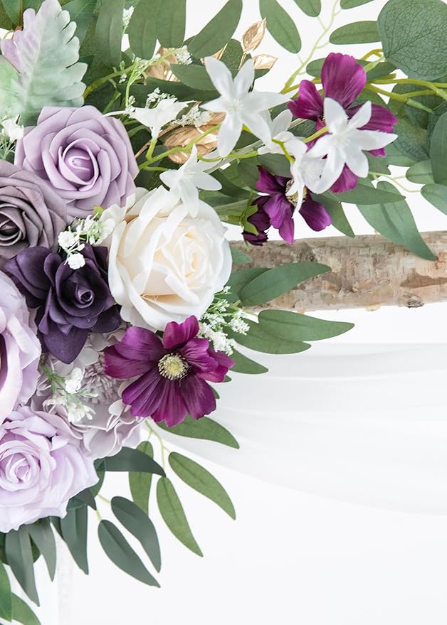 ponatia Wedding Arch Flowers with 26Ft Chiffon Fabric, Artificial Purple Flowers for Wedding Welcome Signs Decorations for Wedding Ceremony Reception (Lilac & Cream)