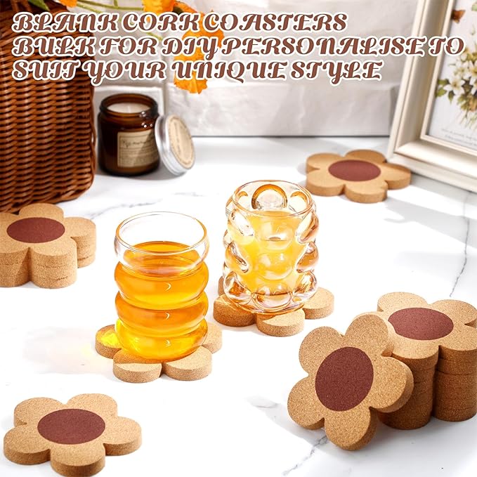 Foaincore 48 Pcs Thick Flower Cork Coasters for Drinks 4 Inch Absorbent Reusable Farmhouse Rustic Wood Drink Coasters for Coffee Wine Mug Desk Glass Table Aesthetic Cute Apartment Decoration