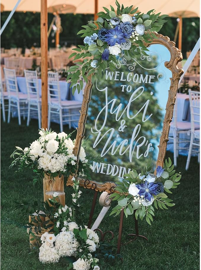 Faux Flower Swag Set of 2, Blue Artificial Flowers Swags for Wedding Arch, Wedding Welcome Signs, Welcome Reception Ceremony Signs Decorations