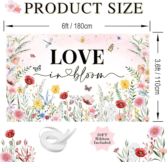 Avezano Love in Bloom Backdrop Banner 6 x 3.6 ft Floral Bridal Shower Decorations Pink Love in Bloom Wildflower Bridal Shower Party Decorations