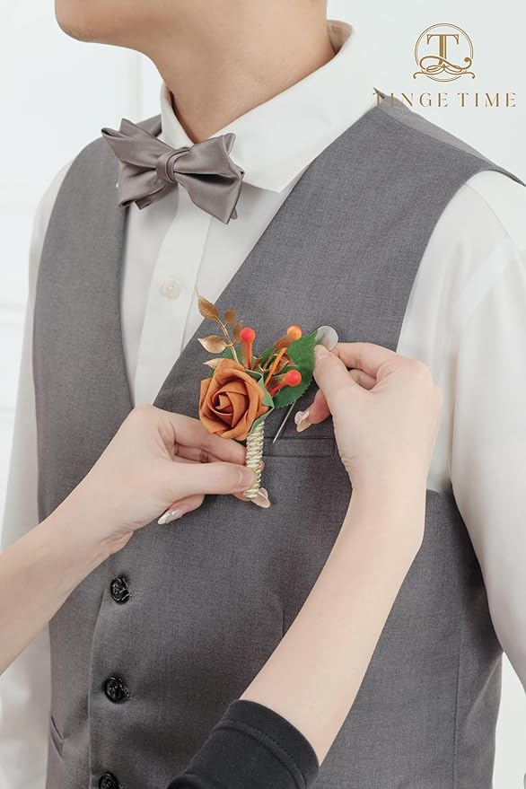 TINGE TIME Boutonniere for Men Wedding,Groom and Best Man Boutonniere for Wedding Ceremony Anniversary, Formal Dinner Party and Rustic Spring Wedding Marriage (2, BurntOrange)