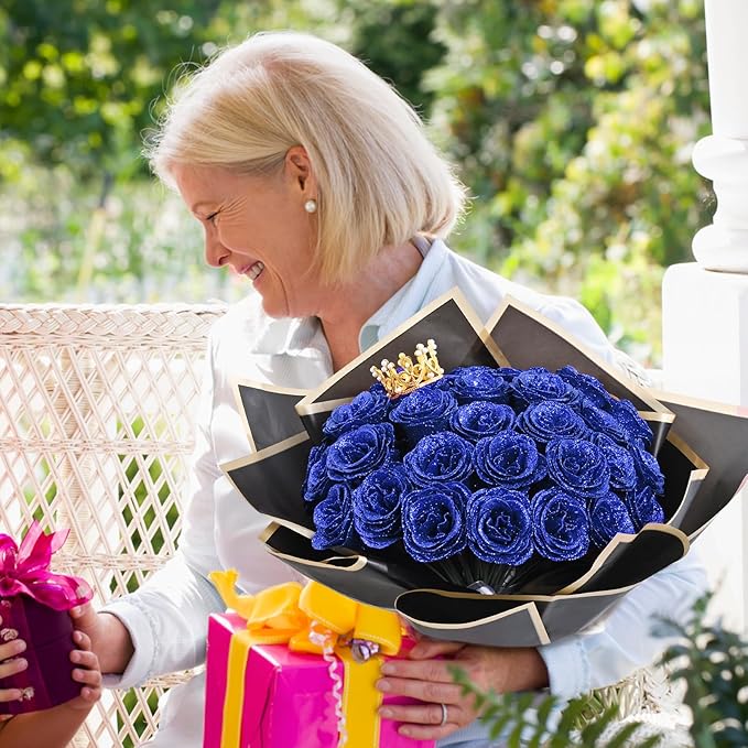 Waipfaru Glitter Roses Bouquet, DIY Fake Flowers Bouquet, Birthday Gifts for Women Mom, 36 Pcs Blue Rose for Grandma Wife Girlfriend Valentines, Mothers Day, Anniversary, Graduation