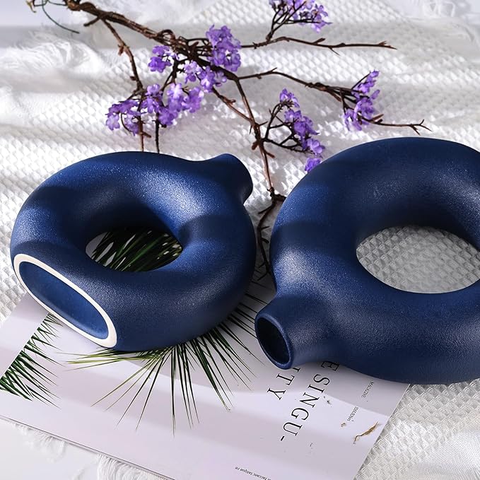 Navy Blue Vase Decor Donut Vase Set of 2 - Circle Hollow Vases, Modern Matte Ceramic Vases for Entryway Living Room Bedroom Dining Table Centerpiece Office Home Decor
