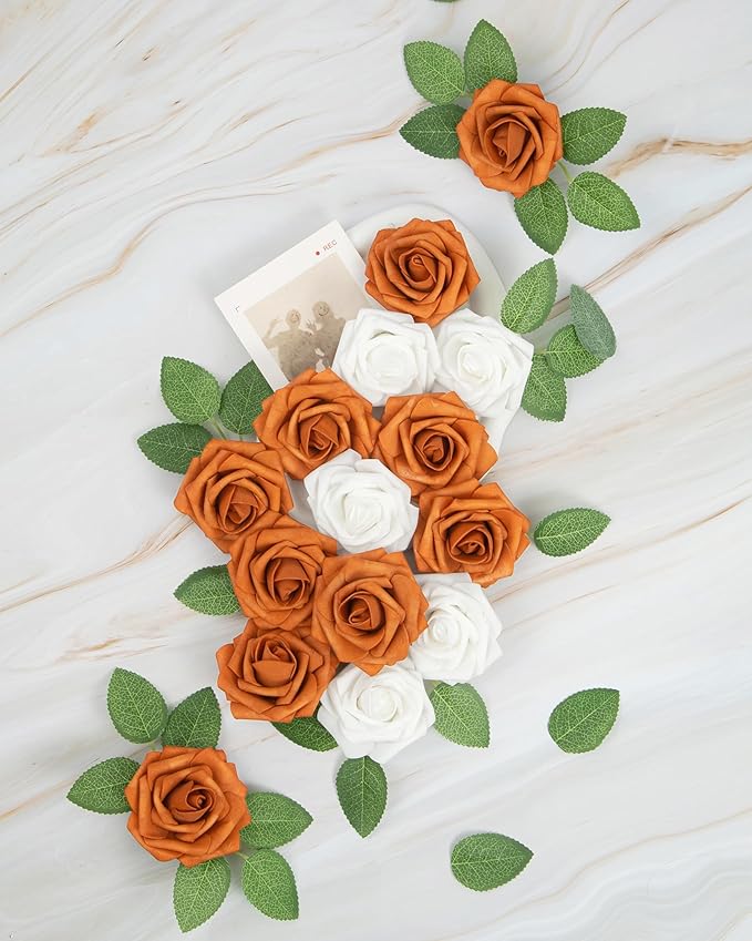 DuHouse 25Pcs Artificial Roses Flowers Fake Rose with Stems Real Touch Foam Flowers for DIY Wedding Bouquet Baby Shower Centerpiece Floral Arrangement Party Home Decor(Burnt Orange)