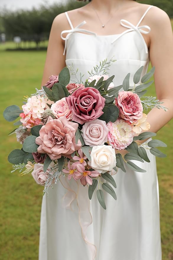 Dusty Rose Artificial Flowers Set - Fake Roses, Peonies, Silk Flowers with Stems for DIY Wedding Bouquets,Floral Arrangement,Table Centerpieces,Baby Shower, Home Decor
