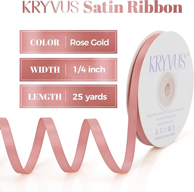 Rose Gold Satin Ribbon, Double Faced 1/4 Inch X 25 Yards Rose Gold Ribbon, Premium Satin Ribbon for Gift Wrapping, Crafts, Hair Bow Making, Sewing, Flower Bouquet, Wedding Party Decor