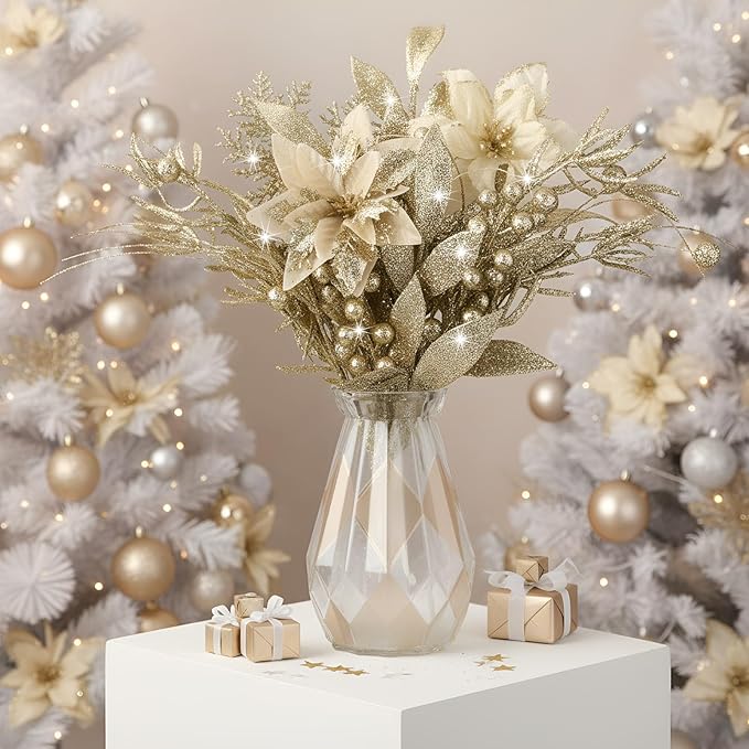 60 Pcs Christmas Glitter Branches 6 Styles Artificial Christmas Picks Berries Stems Poinsettia Flowers Pine Needles Floral Twig Spray for Xmas Tree Ornaments DIY Wreath Garland(Gold)