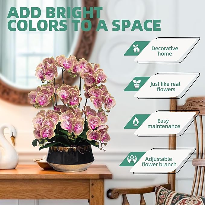 CXGS Orchids Artificial Flower Real Touch Faux Orchid in Large Ceramic Vase 23.6'' Realistic PurpleSpots Fake Phalaenopsis Floral Arrangements Centerpiece Table Home Indoor Decor