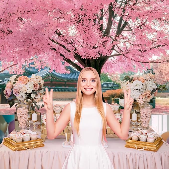 Renaiss 9x7ft Pink Cherry Blossom Backdrop Polyester Fabric Japan Cherry Floral Tree Landscape Palace Asian Themed Party Photography Background Wedding Birthday Party Decor Photo Booth Props