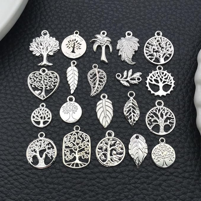 WOCRAFT 60pcs Bright Silver Tree Leaf Charms Bracelet Charms for Jewelry Making Sets DIY Necklace Bracelet Keychain Crafting Charms Kit Craft Supplies (SN891)