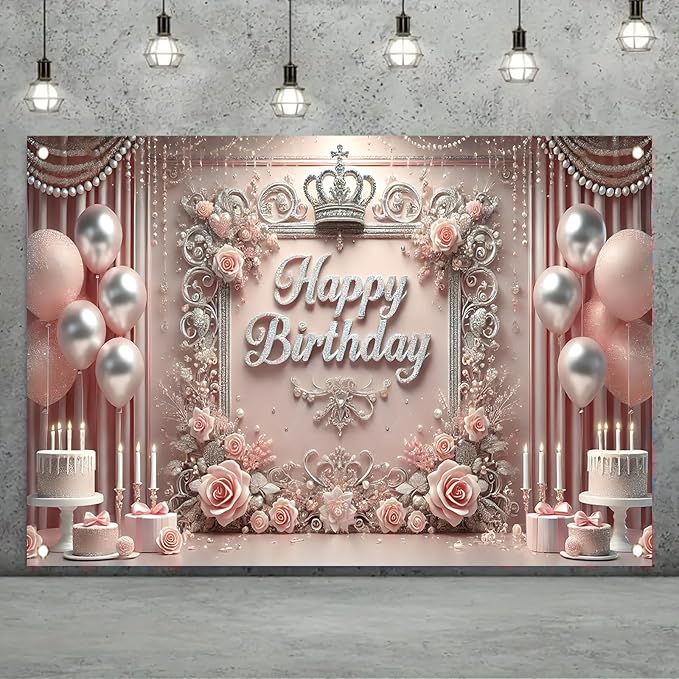 Starlit Patio Elegant Pink Happy Birthday Banner Backdrop Princess Girls Party Decorations Photography Backgrounds Crown Roses Balloons Cake Table Photo Booth Props 71 x 43 inch
