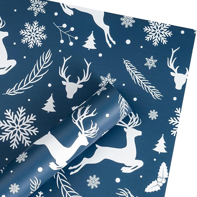 LeZakaa 20 Sheets Flower Wrapping Paper, Navy Blue Christmas Reindeer and Snowflake Design Waterproof Floral Bouquet Paper for Christmas, Winter Holiday Party Gift Packaging