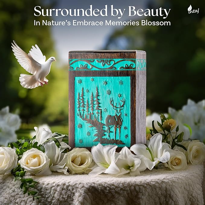 INTAJ Handcarved Rosewood Teal Green Deer Urn for Human Ashes Adult Male Female - 180 lbs Forest Wooden Cremation Urn Box Suitable for Burial Funeral Decorative Wildlife Memorial Casket