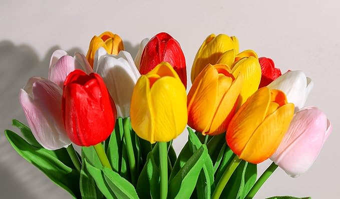 SITUMEIZI Fake Flowers Tulips Artificial Silk Flower 15pcs Real Touch 14" for Spring Easter Home Kitchen Wedding Bouquet Bulk Mother's Gift Day Decorations(Assorted Colors,5)