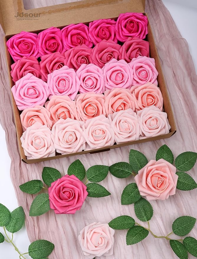 25pcs Artificial Flower，Real Looking Foam Roses w/Stem for DIY Wedding Bouquets Centerpieces Bridal Shower Party Decor-Shades of Hot Pink