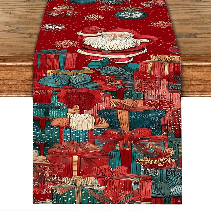 Christmas Table Runner 13 x 72 Inch, Vintage Santa Claus with Pine Branches and Gift Boxes, Red Festive Holiday Dining Table Decoration, Xmas Party Table Centerpiece