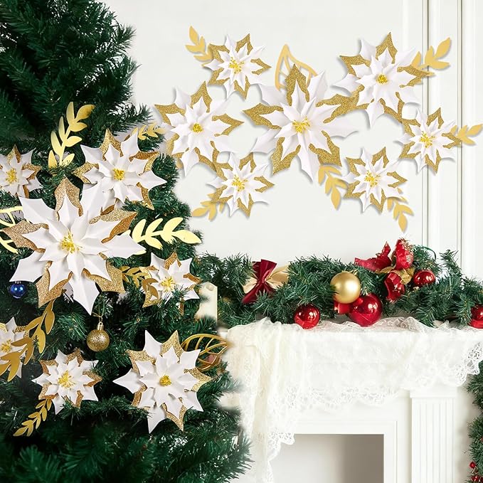 15PCS Poinsettia Flowers Artificial Christmas Decorations White Gold Poinsettia Large Flowers for Wall Christmas Tree Ornaments Glitter Poinsettias Flower Wreath Garland Window Door Xmas Tree Decor