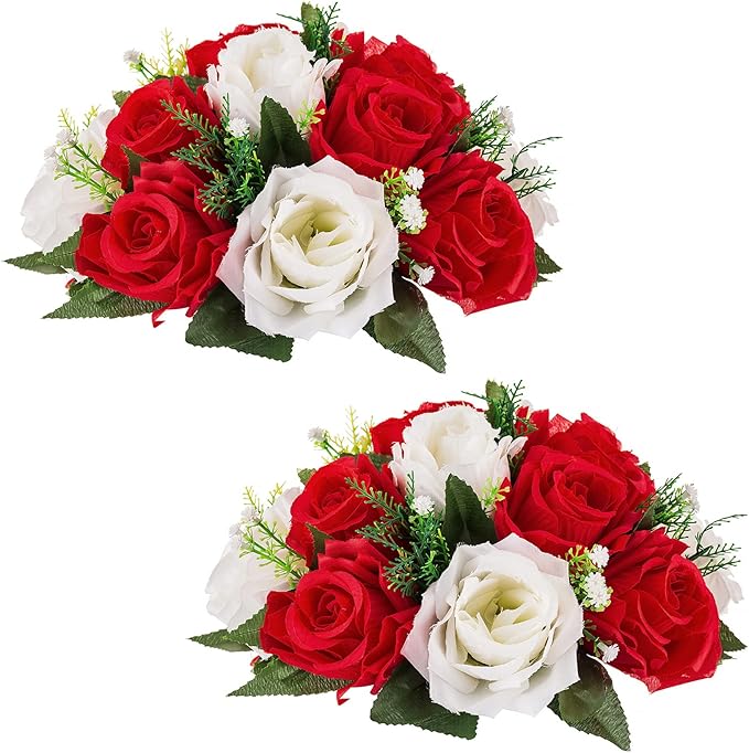NUPTIO Flower Centerpieces for Wedding Tables: Red & White Artificial Flower Ball Arrangement for Christmas Thanksgiving Party - 2 Pcs Fake Floral Rose for Bridal Shower Decor