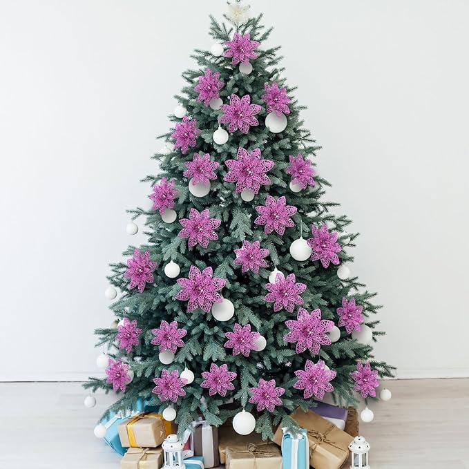 Boao Light Purple 24 Pieces Poinsettia Flower Christmas Glitter Artificial Poinsettia with Clips Christmas Tree Ornament Decorations for DIY Xmas Wreath Holiday Home Party Decor, 3/4/6 Inches