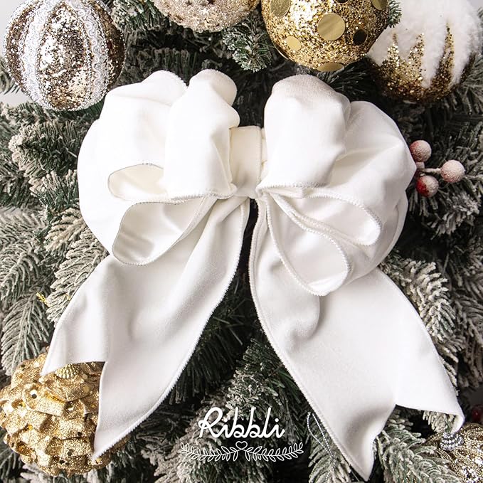 Ribbli White Velvet Wired Ribbon 4 Inch Velvet with Satin Christmas Ribbon for Gift Wrapping Christmas Tree Decoration Crafts Wreaths Supplies-Continuous 10 Yards