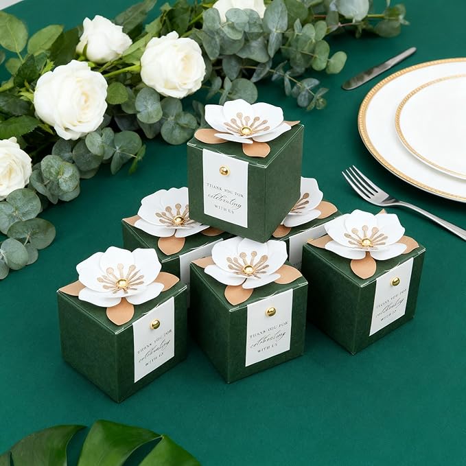 FEIYI 20 PCS Candy Boxes, 3 In 1 Olive Green Favor Boxes with Floral Decor, White Thank You Tags Gift wrapping for Wedding Birthday Baby Shower Decorations Party -2.55x2.55x2.55''