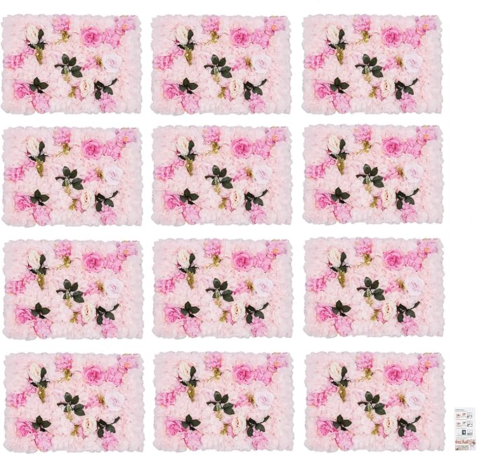 LOYALHEARTDY 12 Pack Artificial Flower Wall Panels 24" x 16" Flower Wall Panel Backdrop Faux Hydrangea Rose Flower Backdrop Panels for Wall Decor Wedding Party Event Decoration