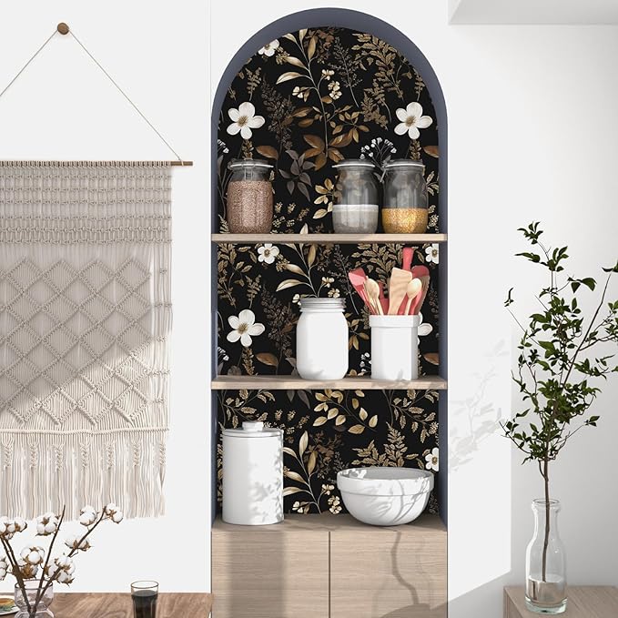 Black Floral Wallpaper Peel and Stick Boho Wallpapers 17.5" x 118" Gold Leaf Contact Paper for Cabinets Waterproof Self Adhesive Removable Wall Paper for Kitchen Table Countertop Walls