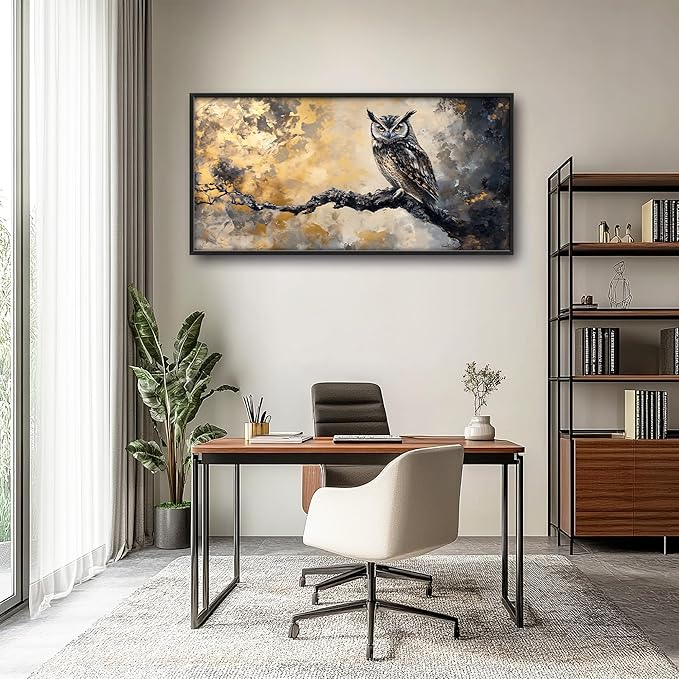 Owl Large Wall Art Framed Gold Wall Decor for Living Room Mountain Owl Pictures Oversized Canvas Print Painting Modern Extra Large Framed Artwork for Bedroom Office Home Decor 60"x30"