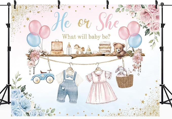 Riyidecor Gender Reveal Backdrop Polyester Fabric He or She Pink Blue Baby Shower Watercolor Flower Balloon Floral 8Wx6H Feet What Will Baby Be Photography Background Newborn Photo Studio Shoot
