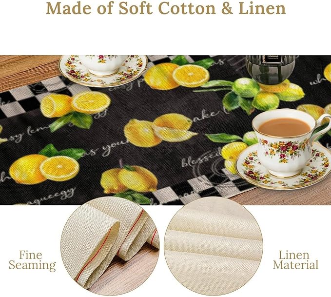 Lemon Table Runner , Summer Yellow Fruits Green Leaves Kitchen Dinning Table Decoration for Indoor Outdoor Home Party Decor 13x60 Inch