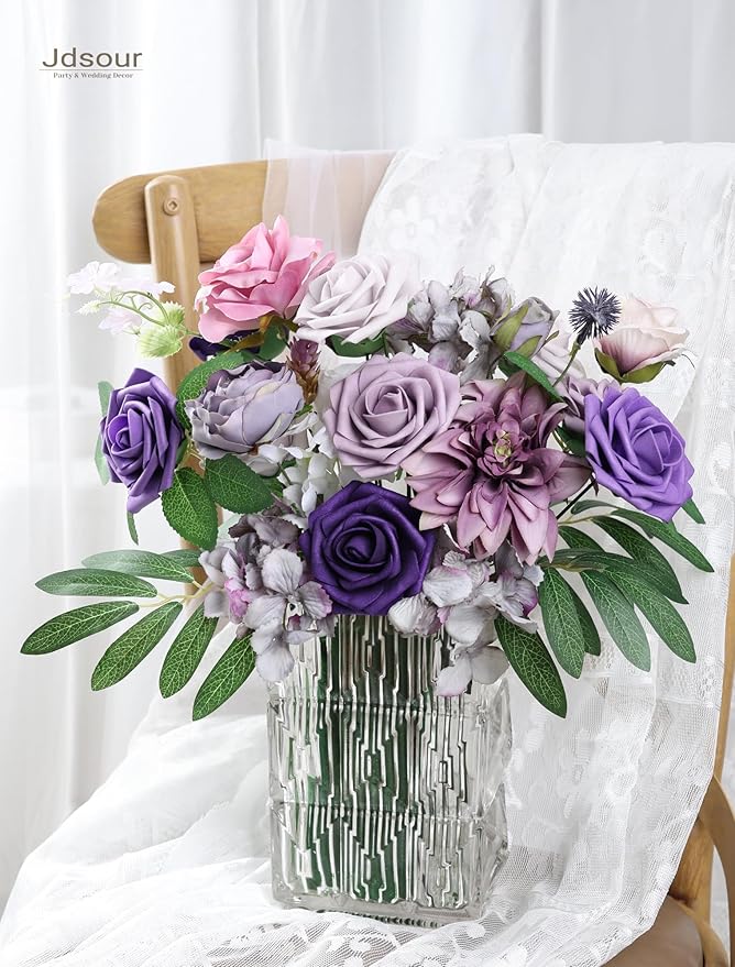 25pcs Artificial Flower，Real Looking Foam Roses w/Stem for DIY Wedding Bouquets Centerpieces Bridal Shower Party Decor-Shades of Series Purple
