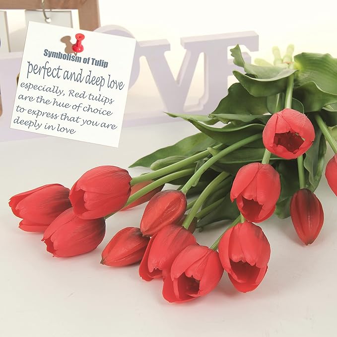 20pcs Artificial Tulip Flowers,16 Inch Real Touch Tulip Stems with Faux Leaves, Faux Tulips and Buds for Home Décor Centerpiece Ornament Wedding Bouquet,Red