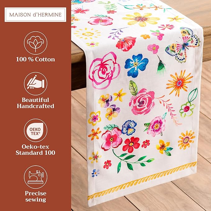 Maison d' Hermine Table runner 100% Cotton Single Layer Table Runners 72 inches long Decorative for Home Kitchen Dining Party Wedding Bridal Shower Spring Summer (Happy Florals - Sweety, 14.50" x 72")
