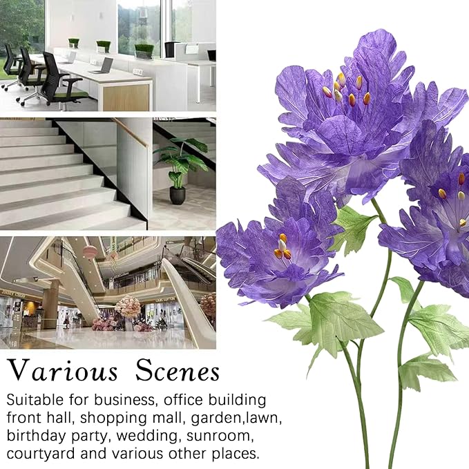Giant Paper Flowers for Decoration, Big Artificial Flower with Stems and Stands Party Banquet Wedding Reception Stage Photography Props Mall Display Graduation Essential Background Home Decor, Purple