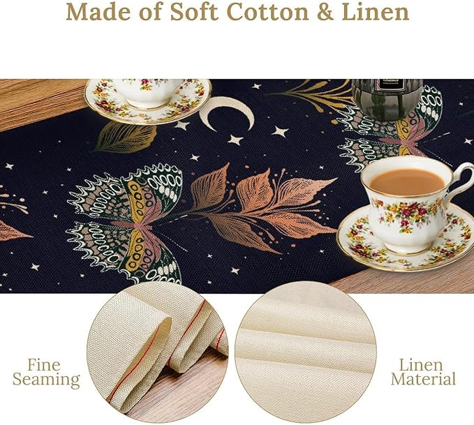 Gothic Moth Table Runner, Boho Gothic Floral Butterfly Sun Moon Mystical Witchy Starlight Coffee Table Center Decor for Home Kitchen Dining Patio Holiday Party Table Decorations 13x72 inches