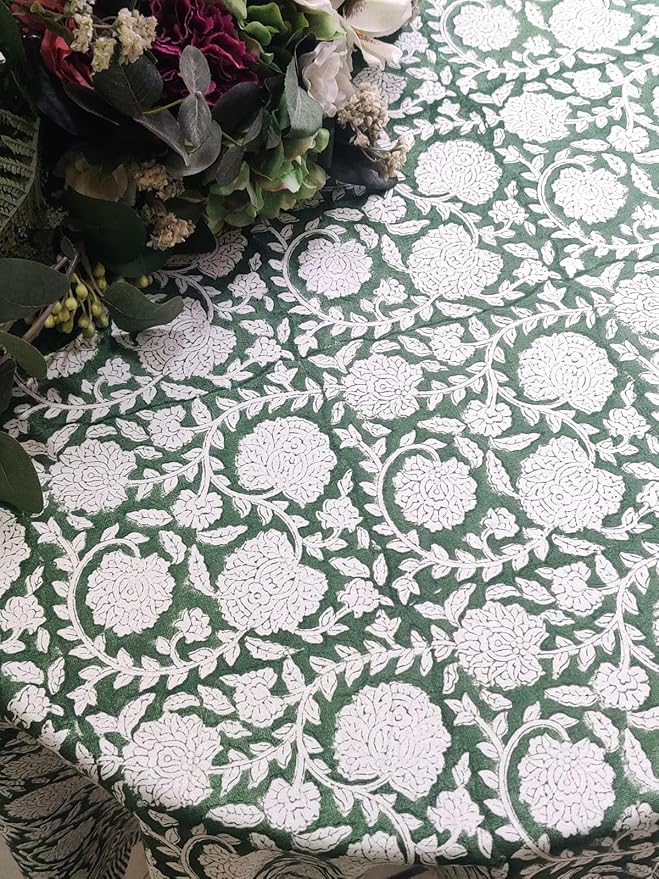 ATOSII Shalimar Green 100% Cotton Round Boho Fall Tablecloth, Handblock Floral Table Cloth Linen for Kitchen Dining I Parties Wedding Outdoors Christmas Thanksgiving I Fall Home Decor 90" Inches Round