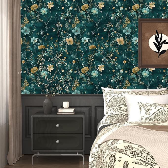 Vintage Floral Peel and Stick Wallpaper Boho Wallpaper 17.5''x393'' Teal/Blue/Yellow Wildflowers Vinyl Contact Paper Waterproof Self Adhesive Modern Stick on Wall Paper for Bedroom Wall Table Cabinet