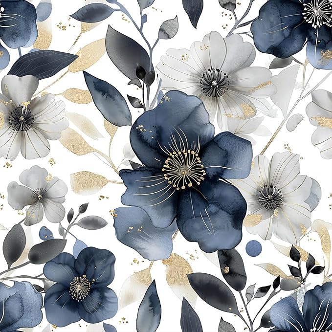 Floral Peel and Stick Wallpaper - Vintage Dark Blue/Gray Flower Boho Wallpaper - Removable, Renter Friendly - 17.71'x236.2'